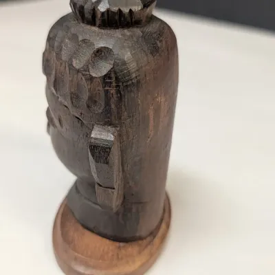 Kuan-Yin In Meditation Figure, Vintage Carved Wooden Face Buddha Oriental Bust, Vintage Hand Made Mud Men & Embossed Brass Dish