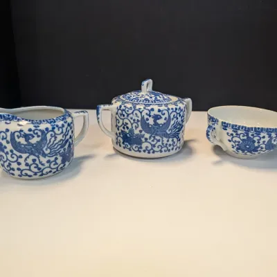 Vintage Nippon Phoenix Blue & White Creamer Pitcher, Sugar Dish & Cup