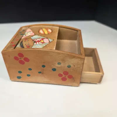 Vintage Hand Painted Made In Japan Roll Top Wooden Trinket Box With Drawer, Wood Burned Pencil Box & A Pair Of Napkin Rings