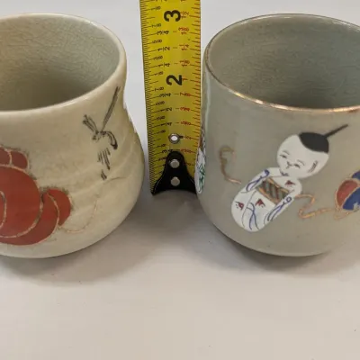 Vintage Kutain Ware Daruma Sake Cup & Japanese Doll Sake Cup