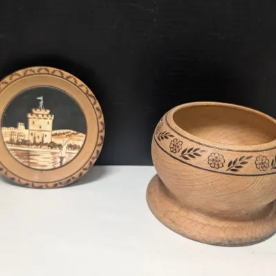 3 1/2" Made In Greece Wooden Castle Wall Decor & Hand Turned Bowl