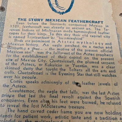 Vintage Mexican Bird Folk Art Feathercraft With Hand Carved Cedar Frame