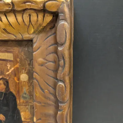 Antique Painting After José Frappa, Clerical Scene in Ornate Gilt Frame