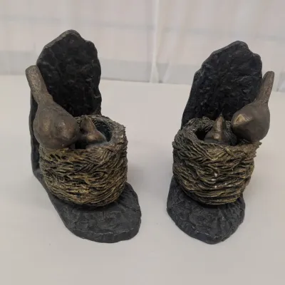 Pair Of Bronze Mother Bird & Baby Book Ends