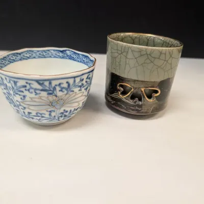 Antique Kangxi Blue & White Porcelain Tea Bowl & Obori-soma Yaki Cup Ceramic Japan