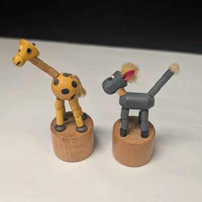 Vintage 1970's Collapsible Wooden Giraffe & Donkey Finger Puppets