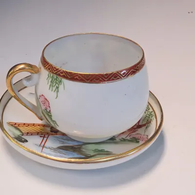 Japanese Lithophane Cup & Saucer House Bamboo Secret Geisha Girl