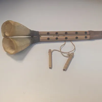 Vintage Libyan Zukra Cow Horn Double Chanter Reed Pipe Folk Instrument Handmade