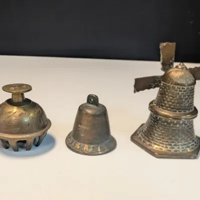 Vintage Brass Miniature Bells & Windmill Figurine - Set of 3