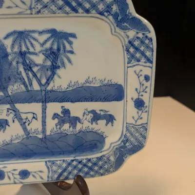 Vintage Chinese Blue & White Porcelain Tray "Eight Horses Of Wang Mu" Landscape, Rectangular Serving Dish w/ Seal