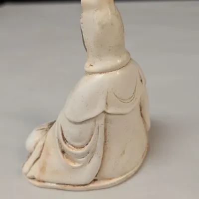 Kuan-Yin In Meditation Figure, Vintage Carved Wooden Face Buddha Oriental Bust, Vintage Hand Made Mud Men & Embossed Brass Dish