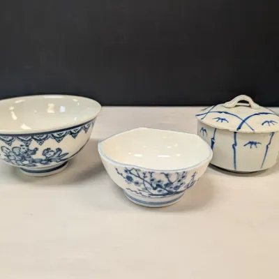 Blue & White Porcelain Bowls & Stoneware Dish w/ Lid