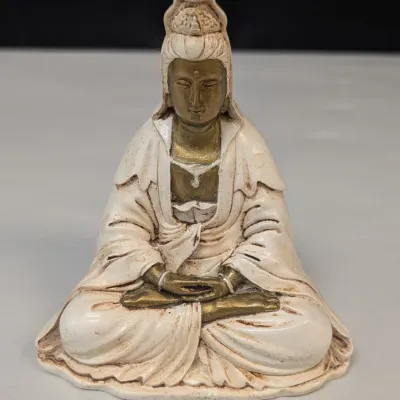 Kuan-Yin In Meditation Figure, Vintage Carved Wooden Face Buddha Oriental Bust, Vintage Hand Made Mud Men & Embossed Brass Dish