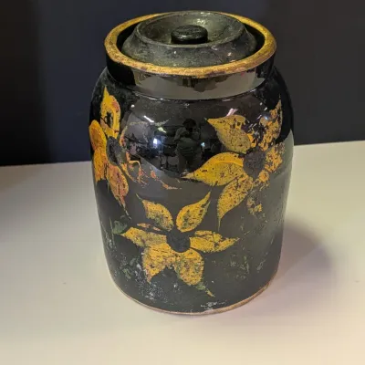 Vintage Crock Cookie Jar w/ Lid & Yellow Flowers