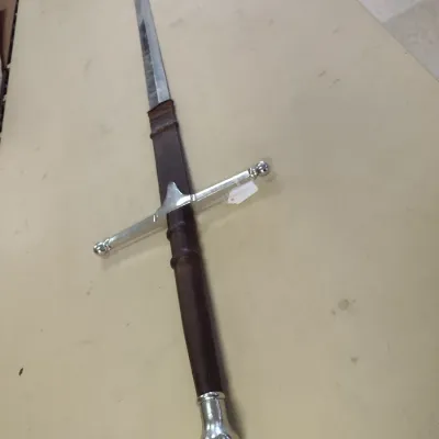 Long, Two Handed Stainless Sword- Silver Toned Guard- Approx 51" Long