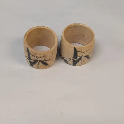 Vintage Hand Painted Made In Japan Roll Top Wooden Trinket Box With Drawer, Wood Burned Pencil Box & A Pair Of Napkin Rings