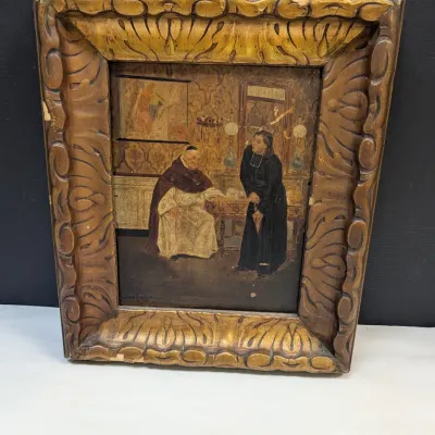 Antique Painting After José Frappa, Clerical Scene in Ornate Gilt Frame