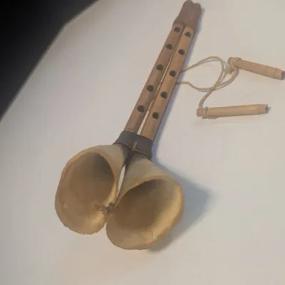 Vintage Libyan Zukra Cow Horn Double Chanter Reed Pipe Folk Instrument Handmade