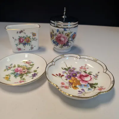 Floral Royal Worcester Egg Coddler, Royal Crown Derby Tudor Trinket Dish, Marlow Minton Trinket Dish & Toothpick Holder