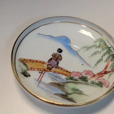 Japanese Lithophane Cup & Saucer House Bamboo Secret Geisha Girl