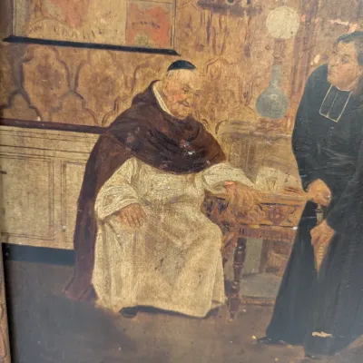 Antique Painting After José Frappa, Clerical Scene in Ornate Gilt Frame