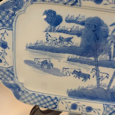 Vintage Chinese Blue & White Porcelain Tray "Eight Horses Of Wang Mu" Landscape, Rectangular Serving Dish w/ Seal