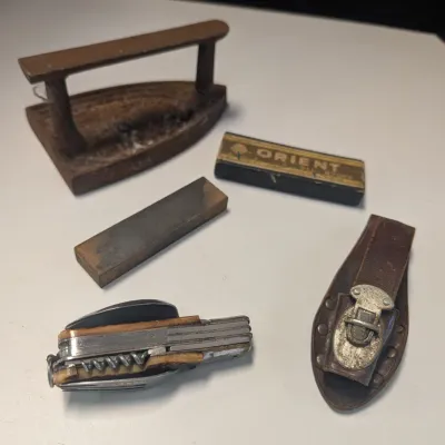 Sad Iron, Orient Oil Stone, & Vintage Hobo Style Folding Pocket Knife