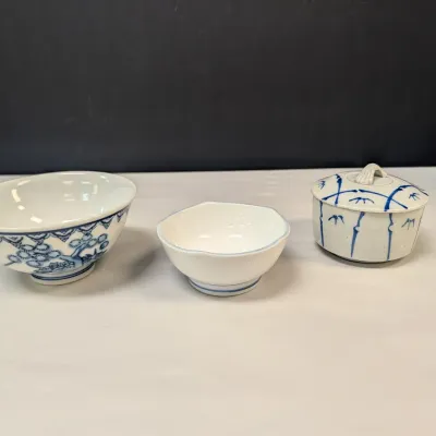 Blue & White Porcelain Bowls & Stoneware Dish w/ Lid