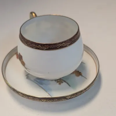 Japanese Lithophane Cup & Saucer House Bamboo Secret Geisha Girl