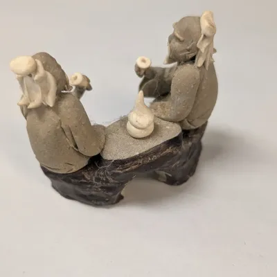 Kuan-Yin In Meditation Figure, Vintage Carved Wooden Face Buddha Oriental Bust, Vintage Hand Made Mud Men & Embossed Brass Dish