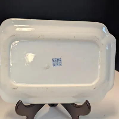 Vintage Chinese Blue & White Porcelain Tray "Eight Horses Of Wang Mu" Landscape, Rectangular Serving Dish w/ Seal