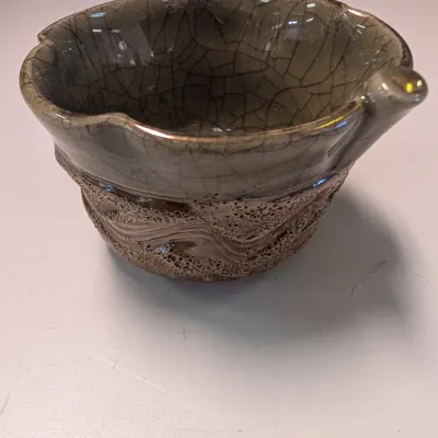 Brown Pottery Bowl Signed & Flower Ceramic Bowl