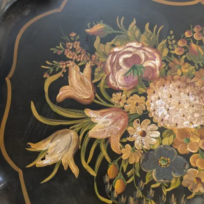 Vintage Hand-Painted Floral Tôleware Metal Serving Tray