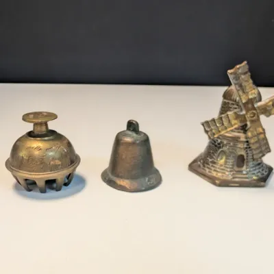 Vintage Brass Miniature Bells & Windmill Figurine - Set of 3