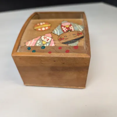 Vintage Hand Painted Made In Japan Roll Top Wooden Trinket Box With Drawer, Wood Burned Pencil Box & A Pair Of Napkin Rings