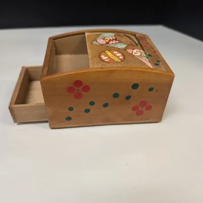 Vintage Hand Painted Made In Japan Roll Top Wooden Trinket Box With Drawer, Wood Burned Pencil Box & A Pair Of Napkin Rings