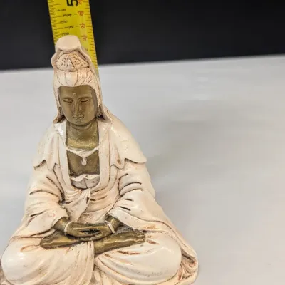 Kuan-Yin In Meditation Figure, Vintage Carved Wooden Face Buddha Oriental Bust, Vintage Hand Made Mud Men & Embossed Brass Dish