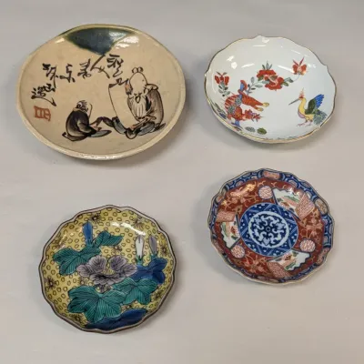 4 Trinket Dishes Kutani Yoshidaya Dish, Japanese Imari Bowl, Meissen Kakiemon Confectionery Bowl & Ceramic Dish w/ Chinese Ink Paint