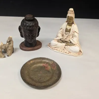 Kuan-Yin In Meditation Figure, Vintage Carved Wooden Face Buddha Oriental Bust, Vintage Hand Made Mud Men & Embossed Brass Dish