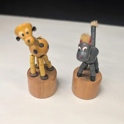 Vintage 1970's Collapsible Wooden Giraffe & Donkey Finger Puppets