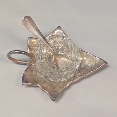Vintage WMF Silver Plate & Crystal Glass Miniature Bowl With Spoon Leaf Design