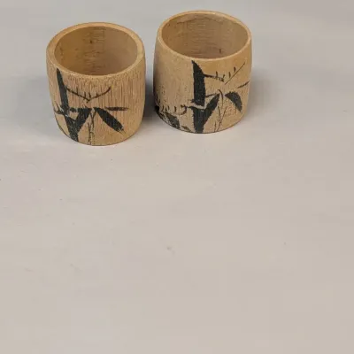 Vintage Hand Painted Made In Japan Roll Top Wooden Trinket Box With Drawer, Wood Burned Pencil Box & A Pair Of Napkin Rings