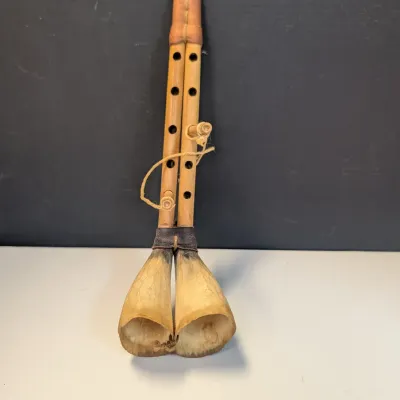 Vintage Libyan Zukra Cow Horn Double Chanter Reed Pipe Folk Instrument Handmade