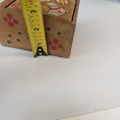 Vintage Hand Painted Made In Japan Roll Top Wooden Trinket Box With Drawer, Wood Burned Pencil Box & A Pair Of Napkin Rings