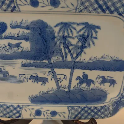 Vintage Chinese Blue & White Porcelain Tray "Eight Horses Of Wang Mu" Landscape, Rectangular Serving Dish w/ Seal