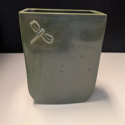 Vintage Planters Haeger Pottery Baby Cradle, Vintage Elephant Shaped Black Ceramic Planter & Green Planter With Raised Dragonfly