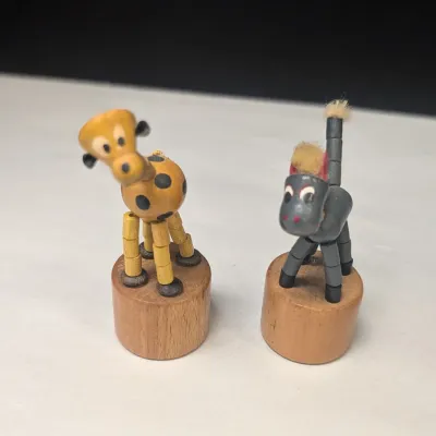 Vintage 1970's Collapsible Wooden Giraffe & Donkey Finger Puppets