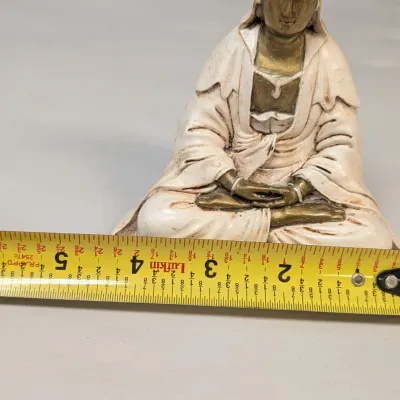 Kuan-Yin In Meditation Figure, Vintage Carved Wooden Face Buddha Oriental Bust, Vintage Hand Made Mud Men & Embossed Brass Dish