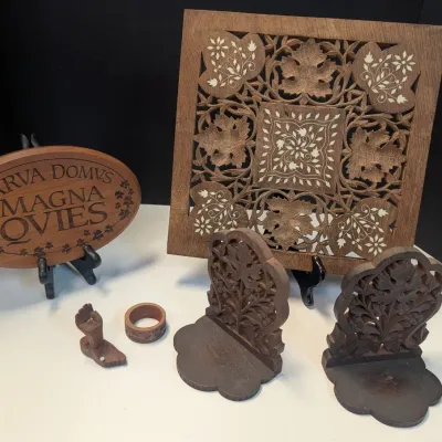 Wood Leaf Carved Trivet, Rosewood, Carved Hand & Foot, Carved Napkin Holder & Cherry Wood House Blessing Sign