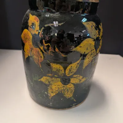 Vintage Crock Cookie Jar w/ Lid & Yellow Flowers